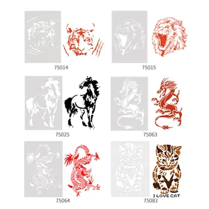 Detailed view of various animal painting stencils with tiger lion dragon horse and cat designs