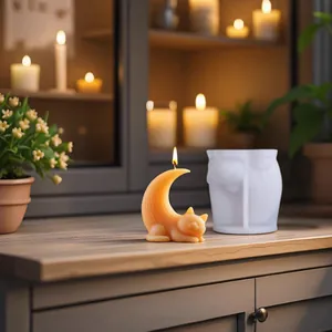Detailed macro view showing a cat moon candle and its white silicone DIY craft mold