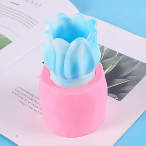 Moule en silicone pour pot de fleurs tulipe avec base rose et pot en résine bleu fini