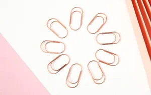 Draufsicht auf elegante roségoldene Büroklammern aus Metall, im Kreis angeordnet