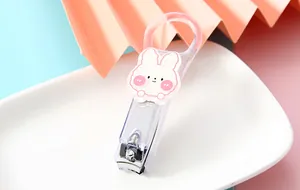 Close-up of a transparent nail clipper featuring a cute pink bunny character decoration