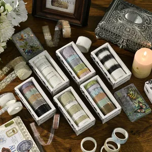 Vintage lace PET tape set with various colors and patterns for scrapbooking and DIY crafts