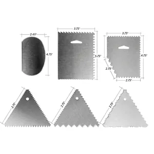 Detailed dimension view of 6-piece stainless steel cake scraper and decorating comb set.