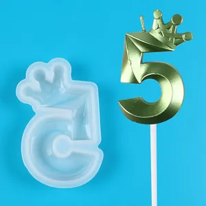 Silicone mold for birthday number 5 candle with crown detail and finished green example
