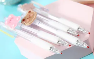 Macro view of 4 cartoon retractable gel pens with cute bear patches for students