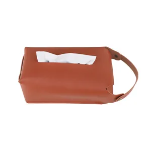 Elegant brown PU leather hanging tissue box holder for home living room storage