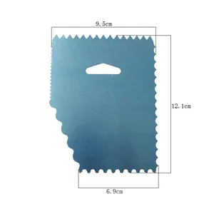 Blue serrated cake scraper baking tool with 12.1cm height and 9.5cm width dimensions