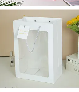 Vista dettagliata di un sacchetto regalo di carta bianca con ampia finestra e manico