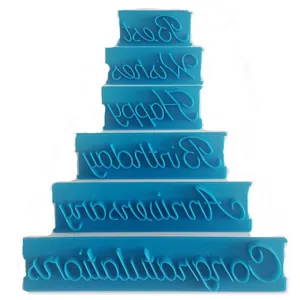 Set of 6 blue script font fondant stamps for birthday and anniversary cake decorating