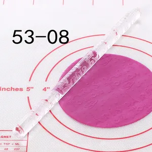 Detail view of transparent acrylic rolling pin with embossed Paris and heart patterns