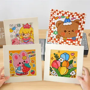 Set of creative DIY paper frames for diamond painting featuring cute cartoon girl and bear patterns