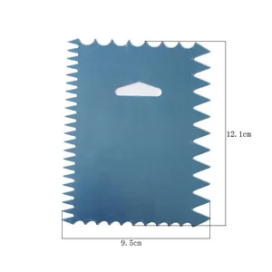 Detailed view of a blue serrated cake scraper showing dimensions 12.1cm by 9.5cm.