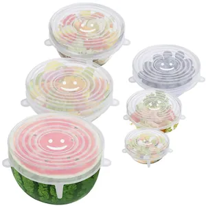 Set of 6 reusable silicone stretch lids with smiley face for food storage and bowls