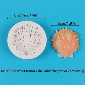 Close-up detail view of scallop shell silicone mold with dimensions and weight parameters