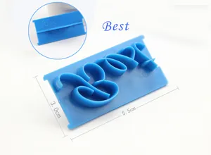 Detail view of blue cursive 'Best' fondant stamp for cake decorating and cookie embossing