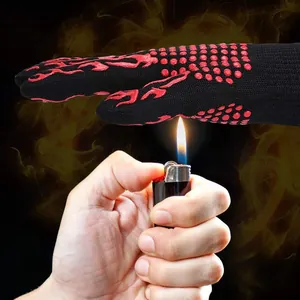 Heat Resistant Silicone BBQ Gloves Non-Slip Flame Pattern Kitchen Baking Oven Mitts For Outdoor Camping Cooking Grilling