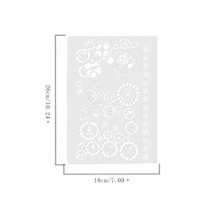 Vue détaillée du pochoir de dessin d'engrenage creux avec dimensions 26cm x 18cm