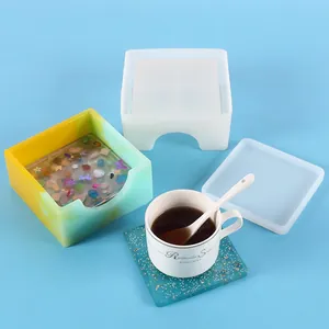 Square silicone mold set for DIY resin coaster and storage box with finished samples
