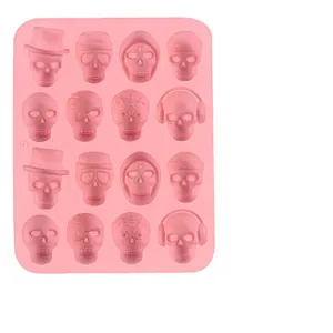 Pink 16-cavity Halloween skull silicone mold for chocolate candy and fondant cake decoration