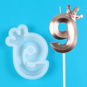 Crown number 9 silicone mold and rose gold candle for birthday cake decoration