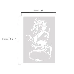 Close-up view of dragon motif hollow stencil with dimensions for artistic graffiti 18x26cm