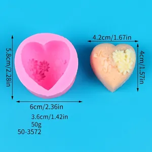 Detailed view of DIY heart silicone mold showing dimensions: 6x5.8x3.6cm, total weight 50g