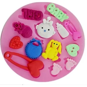 Baby theme silicone mold with milk bottle, feet and bunny shapes for DIY plaster crafts
