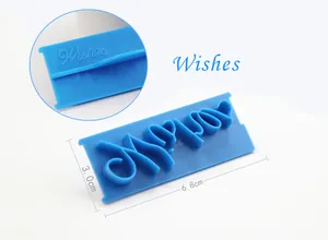Detailed view of blue cursive 'Wishes' fondant stamp mold showing 6.8x3.0cm dimensions