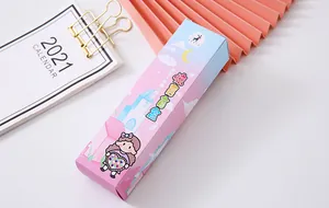Detail view of a pink cartoon themed stationery blind box with a cute girl illustration.