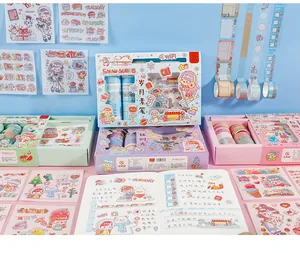 Complete cute cartoon stationery set with washi tapes, stickers, and journals