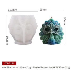 Vue détaillée du moule à bougie masque de paon avec mesures de taille précises