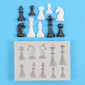 Silicone mold for 3D chess pieces and finished cast results on a blue background