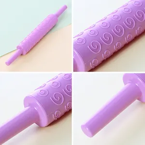 Detailed macro view of purple plastic rolling pin with embossed spiral fondant pattern