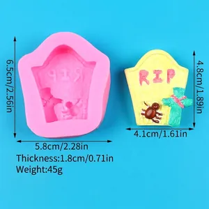 Detailed view of Halloween tombstone silicone mold with dimensions in cm and inches