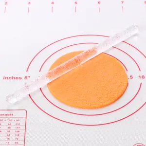 Transparent acrylic rolling pin with floral pattern for fondant and pastry embossing