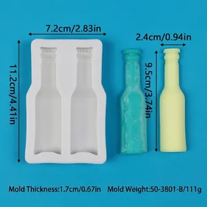 Detailed view of 2-cavity bottle silicone mold with dimensions and sample crafts