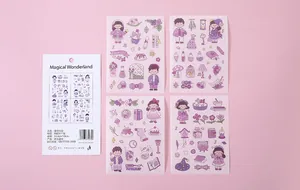 Vue détaillée de 4 feuilles d'autocollants de fille de dessin animé pour le journalisme DIY.