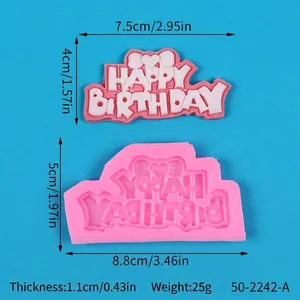 Detailansicht der Silikonform Happy Birthday mit genauen Maßangaben und Gewichtsinformationen