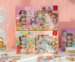 Detailed view of cute cartoon PET sticker and washi tape gift box set for DIY journaling