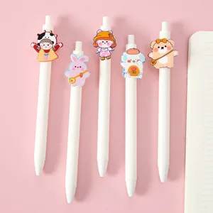 Five cute cartoon retractable gel pens with creative acrylic clips for students and office.