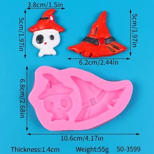 Detailed dimensions of Halloween skull and wizard hat silicone mold for DIY cake decoration