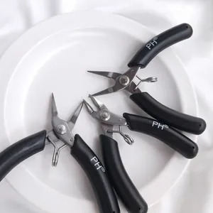 Close-up of mini stainless steel jewelry pliers set with black non-slip handles.