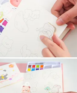 Dettaglio del set di pittura ad acquerello per bambini con simpatici disegni di animali