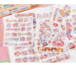 Detailed view showing cute cartoon sticker sheets for DIY journal and planner decoration