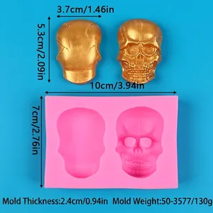 Detailed size guide for Halloween skull silicone mold with mold and product dimensions