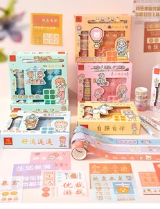 Detail view of a cute cartoon sticker and washi tape set for DIY journal decoration