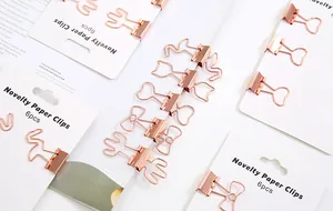 Detailansicht von roségoldenen Metall-Büroklammern in Kaktus- und Herzform