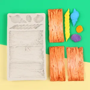 Detaillierte Silikonform für Holzmaserung und Muscheln mit farbigen Bastelbeispielen fertig