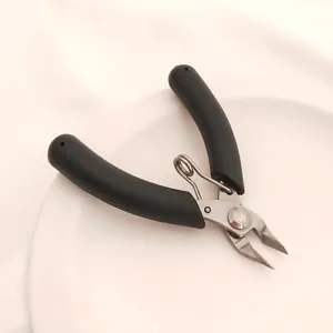 Detailed view of stainless steel jewelry diagonal pliers with ergonomic black handles
