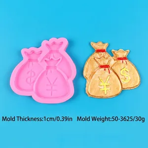 Detail showing dimensions and weight of the money bag silicone mold for fondant.